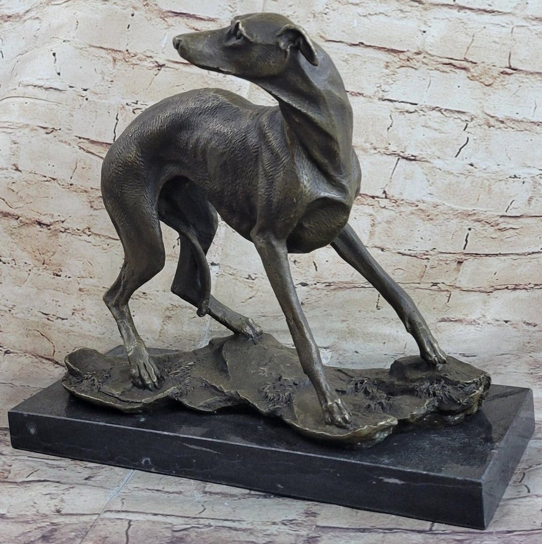 Greyhound Whippet Bronze Statue: This is a bronze sculpture of an Italian Greyhound which is the smallest of the sight-hounds. The docile nature of the dog is seen through its body language as the dog cowers, pulling its tail