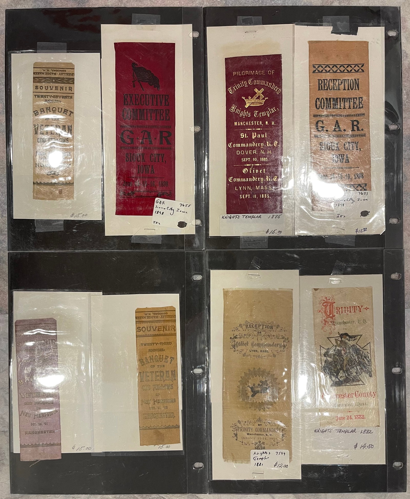 Antique Fraternal & Veteran Event Ribbons Collection (1880s?1890s): A fine group of authentic late 19th-century American fraternal and veterans? event ribbons, dating primarily from the?1880s to 1890s. This collection includes ribbons associated with the Grand Army