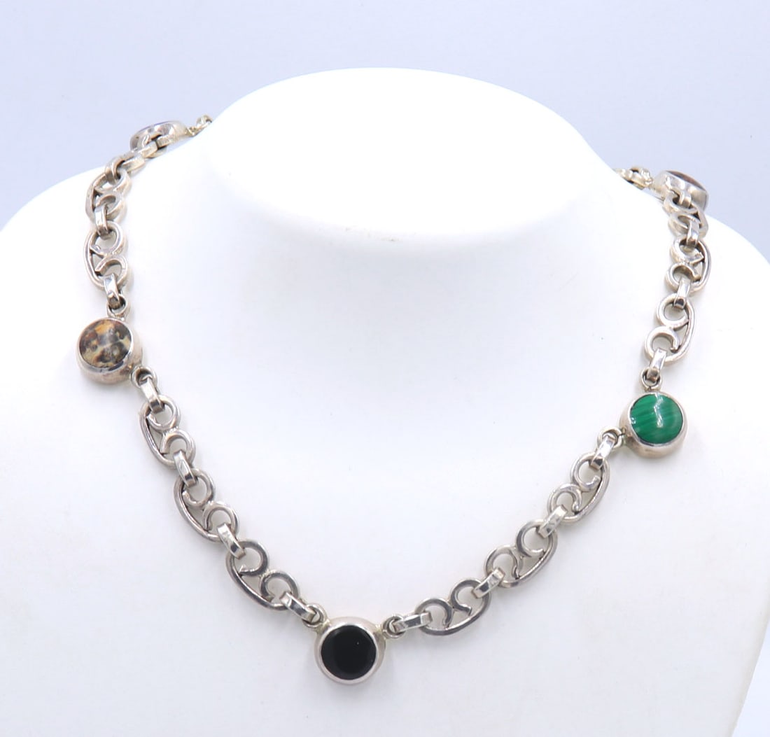 Vintage 925 sterling silver Mexico black onyx, malachite, jasper and lapis necklace (1 of 8)