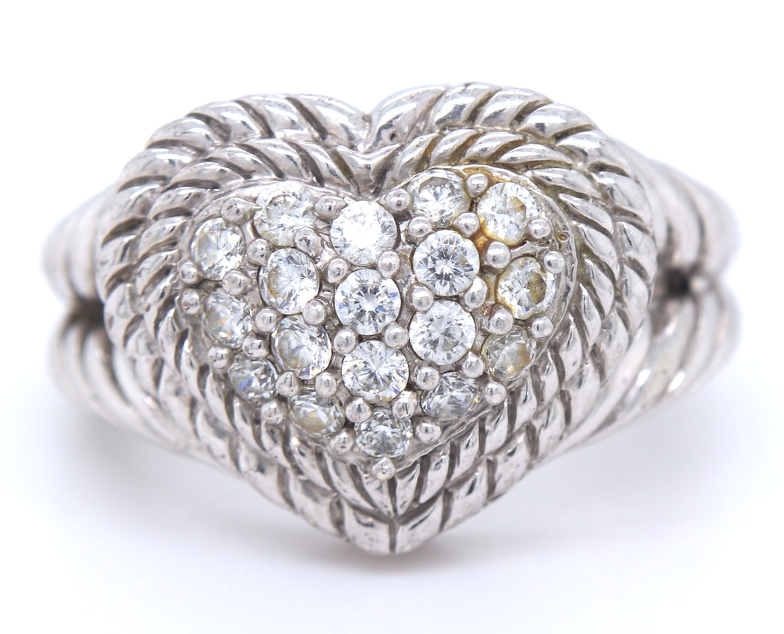 925 Sterling Silver Judith Ripka CZ heart Shaped ring: 925 Sterling Silver Judith Ripka CZ heart Shaped ring. Total weight of ring 9.4 grams. Ring size 7"