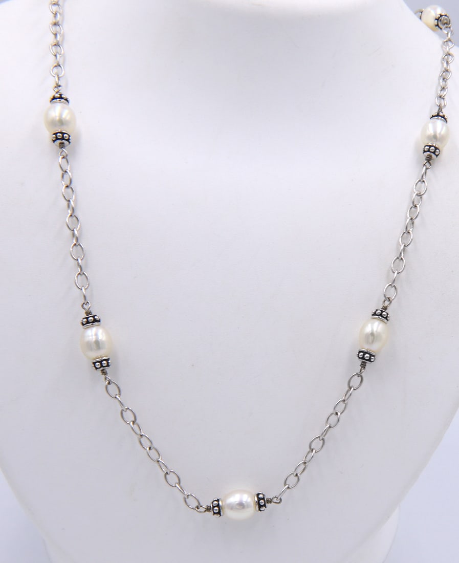 925 Sterling silver Pearl yard necklace: 925 Sterling silver Pearl yard 34 inches necklace. Total weight of necklace 40.1 grams.