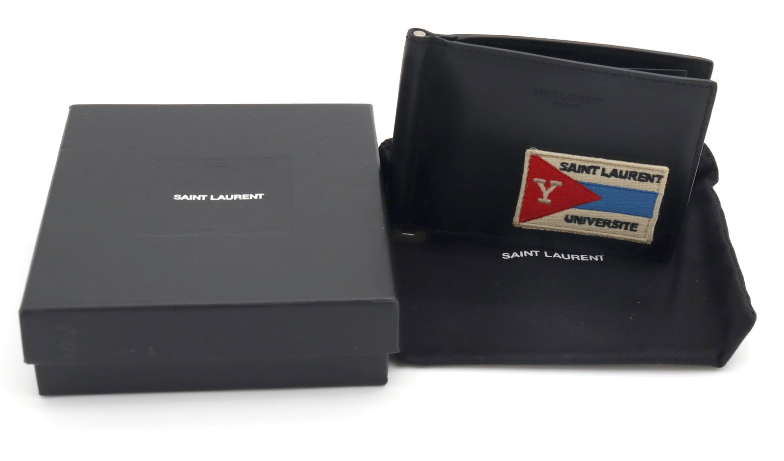 YSL University patch bill clip wallet: YSL University patch bill clip wallet. Comes with box and dust bag. Made in Italy.