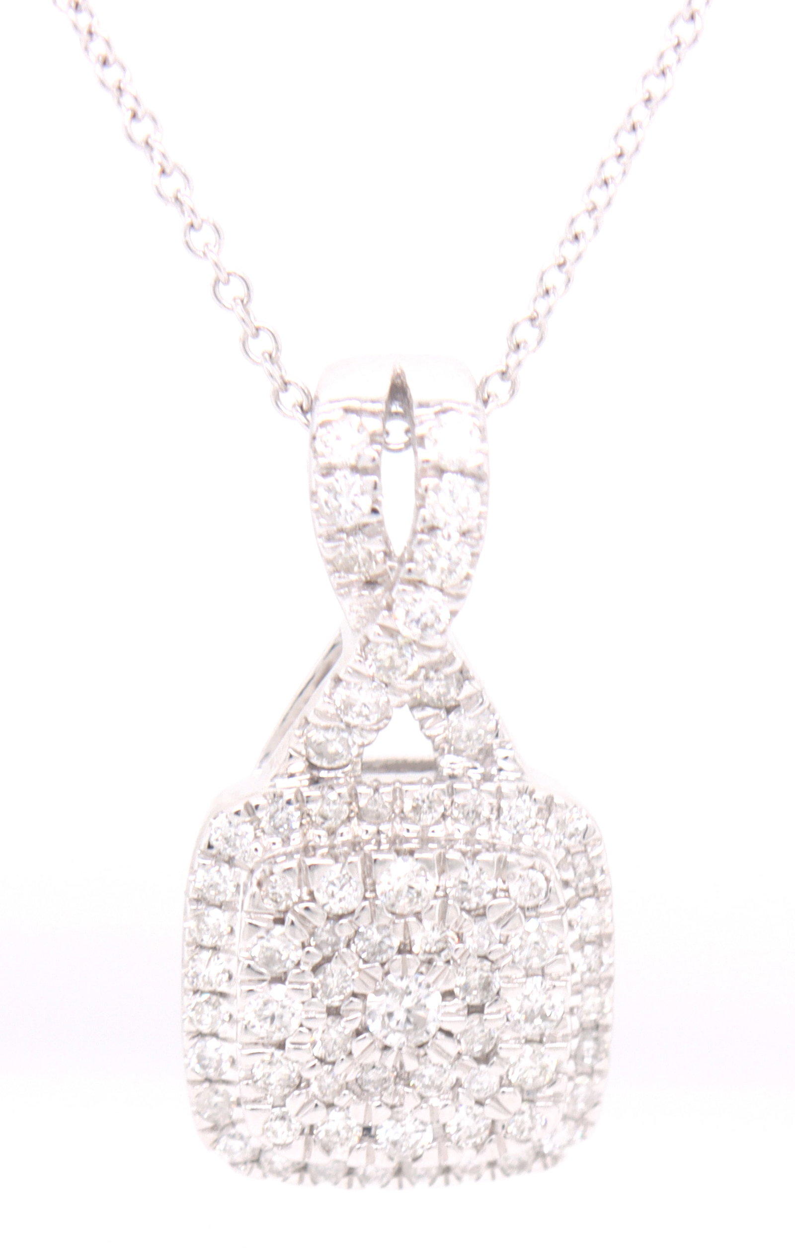 14kt White gold 0.50ctw diamond pendant on chain: 14kt White gold approximate 0.50ctw diamond pendant on 18 inches chain necklace. Total weight of necklace is 5.30 grams.