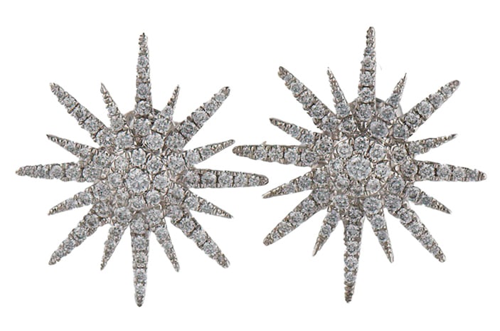 0.77ctw Diamond Starburst Stud Earrings in 18K: 0.77ctw Diamond Starburst Stud Earrings in 18K White gold. Clarity: VS2.? Color: G. ? Earring Dimensions: Approx. 17.0 X 19.0 MM.? Weight: Approx. 4.12 Grams.? Stamped: 18K, 750.
