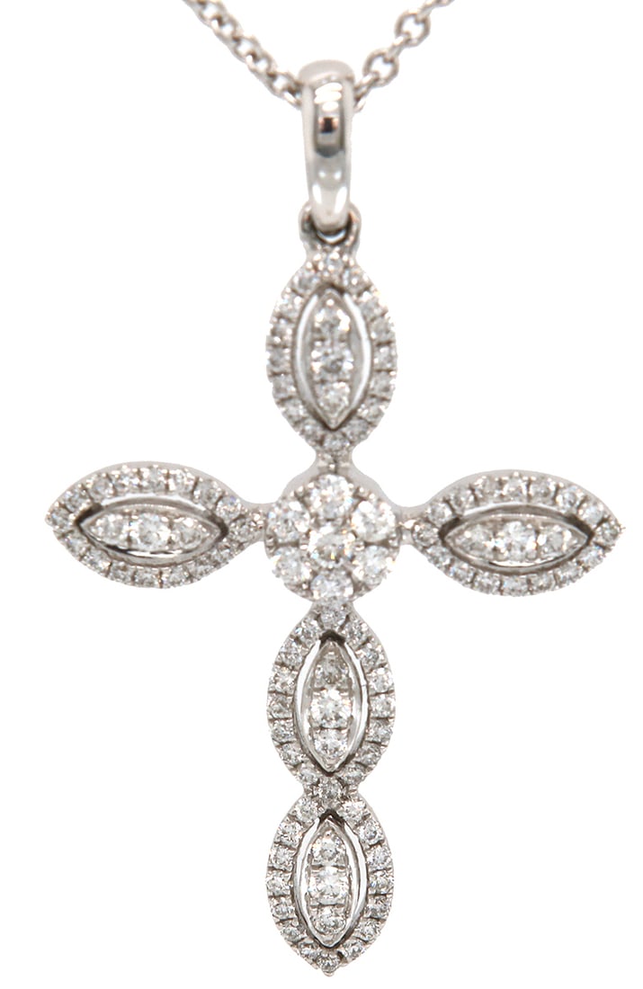 New 0.50ctw Diamond Marquise Cross Pendant Necklace in 14K: New 0.50ctw Diamond Marquise Cross Pendant Necklace in 14K White Gold. Pendant Dimensions: Approx. 21.0 X 29.0 MM.?Necklace Length: Approx. 18.0 Inches.Weight: Approx. 4.03 Grams.?Stamped: 14K585CEC.