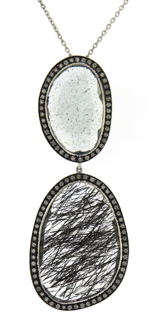 Stylish 14kt WG Aquamarine with Rutliated Quartz Slice Necklace: This Stylish 14kt White Gold Necklace features Sliced Aquamarine and Rutilated Quartz highlighted with 0.38CTW Round Brilliant Cut Diamond Halo fashioned into an Abstract Double Drop Pendant hung on a