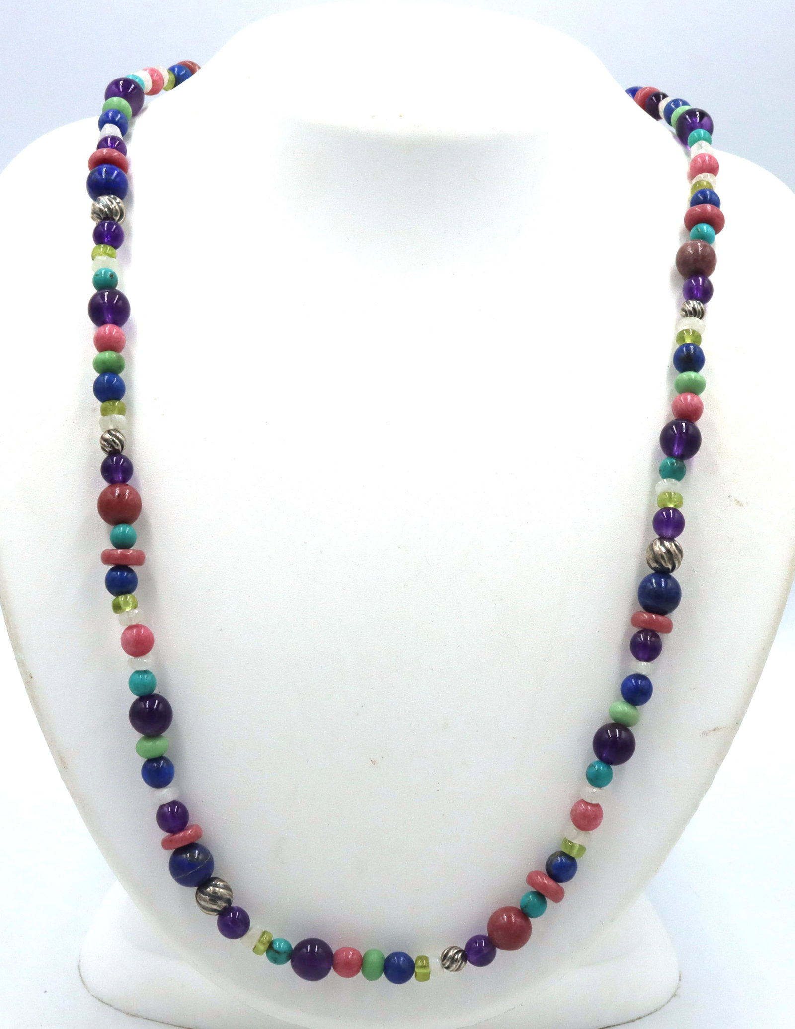 Multi color gemstone and silver beaded necklace: Multi color gemstone and silver beaded adjustable 30-inch necklace with sterling silver clasp. The total weight of the necklace is 57.2 grams.