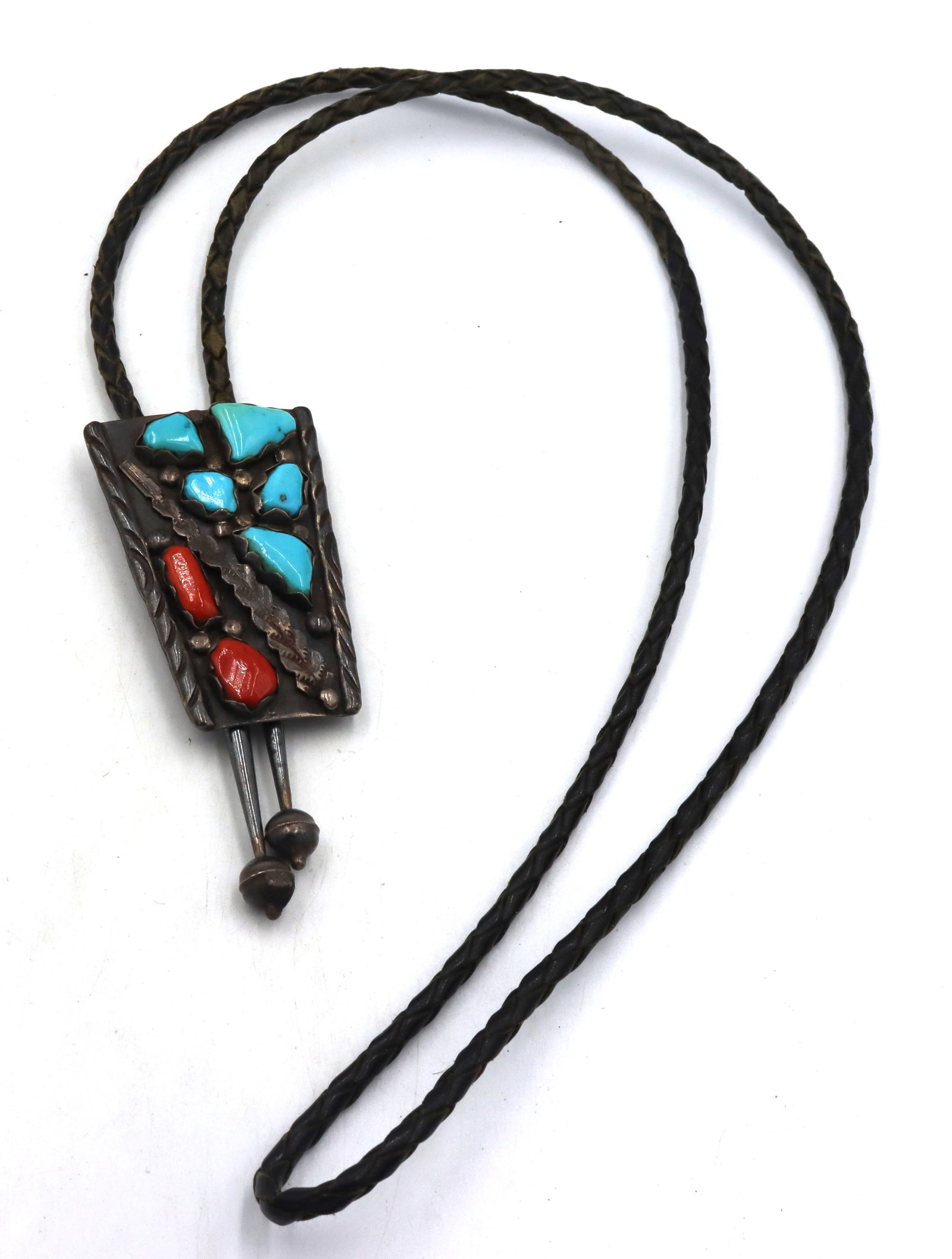 Vintage 925 sterling silver Wayne C Signed turquoise and coral Bolo tie: Vintage 925 sterling silver Wayne C Signed turquoise and coral Bolo tie.
