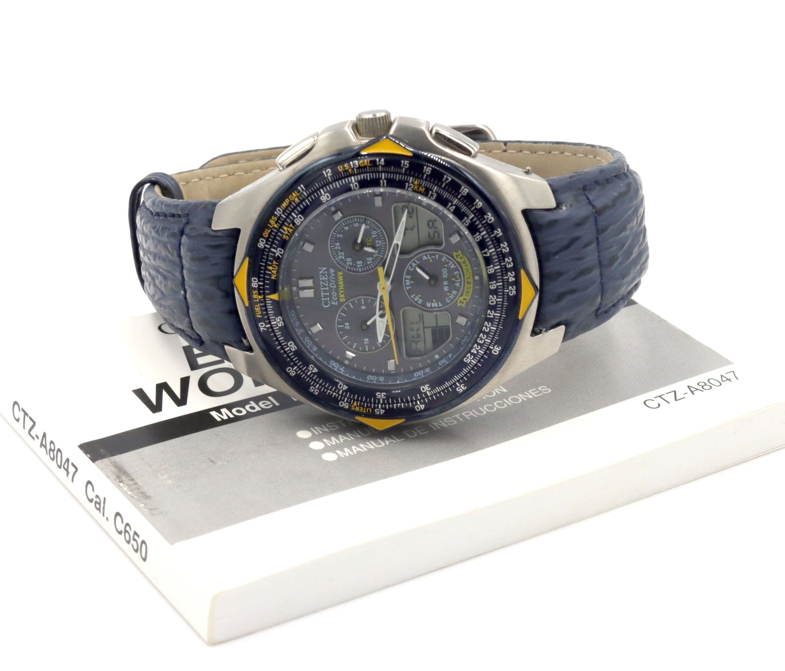 Blue Angels Citizen Eco drive skyhawk men's watch: Blue Angels Citizen Eco drive skyhawk men's stainless steel watch with blue leather strap. The total weight of the watch is 85.7 grams. Comes with Citizen booklet.