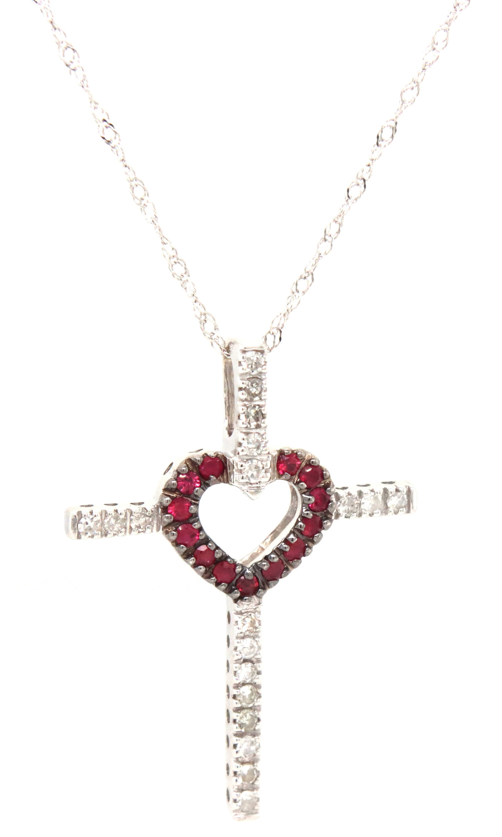 14kt White gold ruby and diamond heart cross pendant on chain (1 of 4)