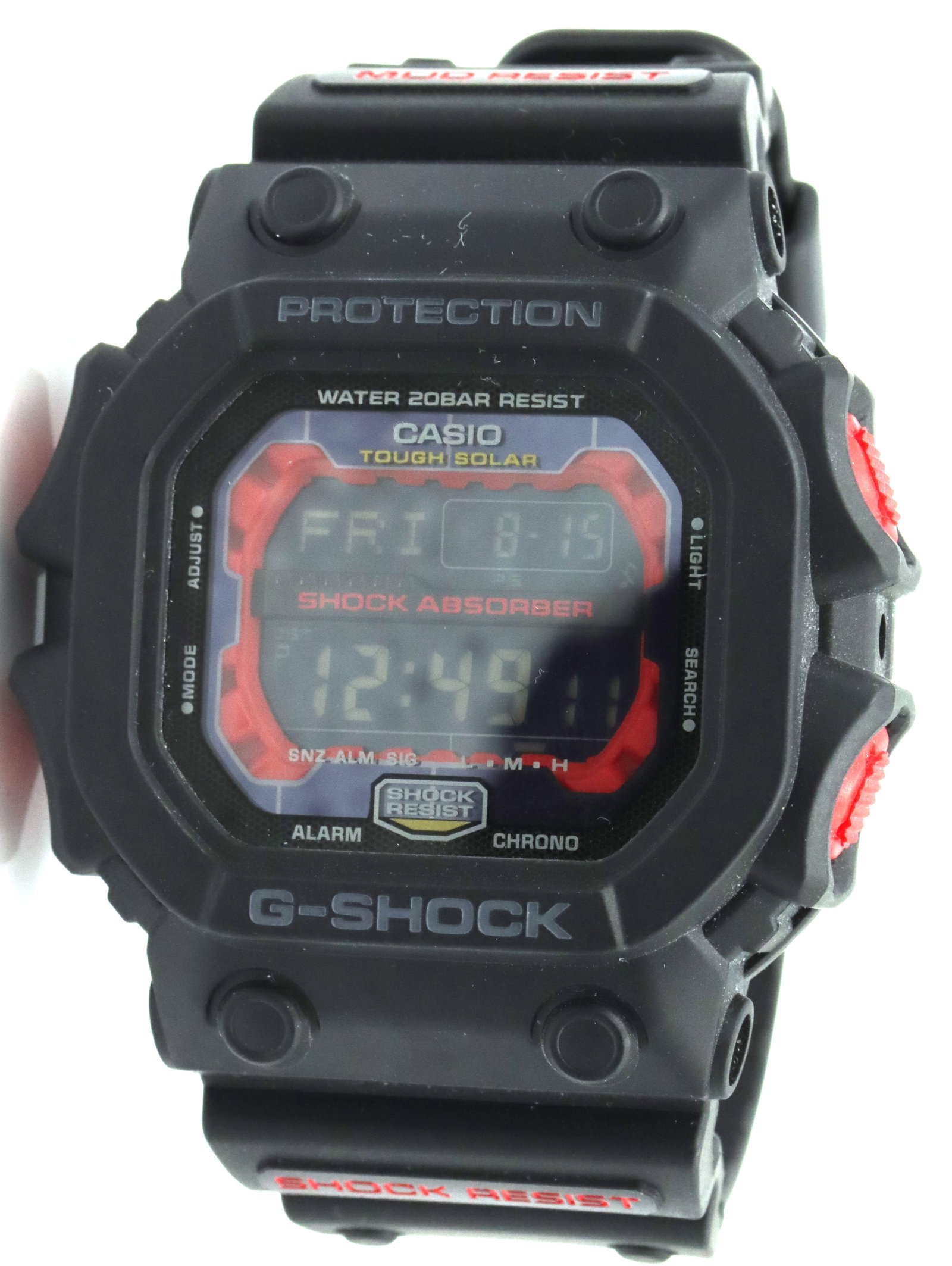 Casio G-shock GXW solar radio controlled watch: Casio G-shock GXW solar radio-controlled watch with black rubber strap. The total weight of the watch is 87.9 grams.