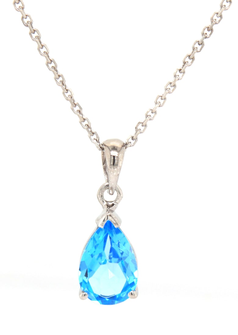 14kt White gold pear shaped blue topaz pendant on chain necklace (1 of 4)