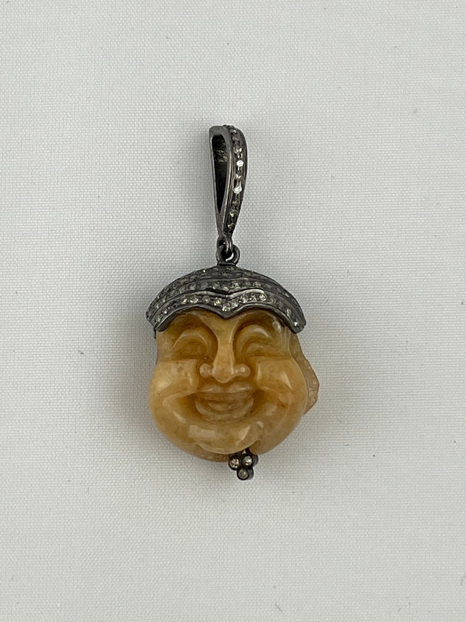 Sterling Silver Laughing Buddha Jadeite Jade Pendant With Diamond: 925 Sterling Silver and diamond Laughing Buddha Pendant Yellow Brown Jadeite Jade Pendant. 8 grams