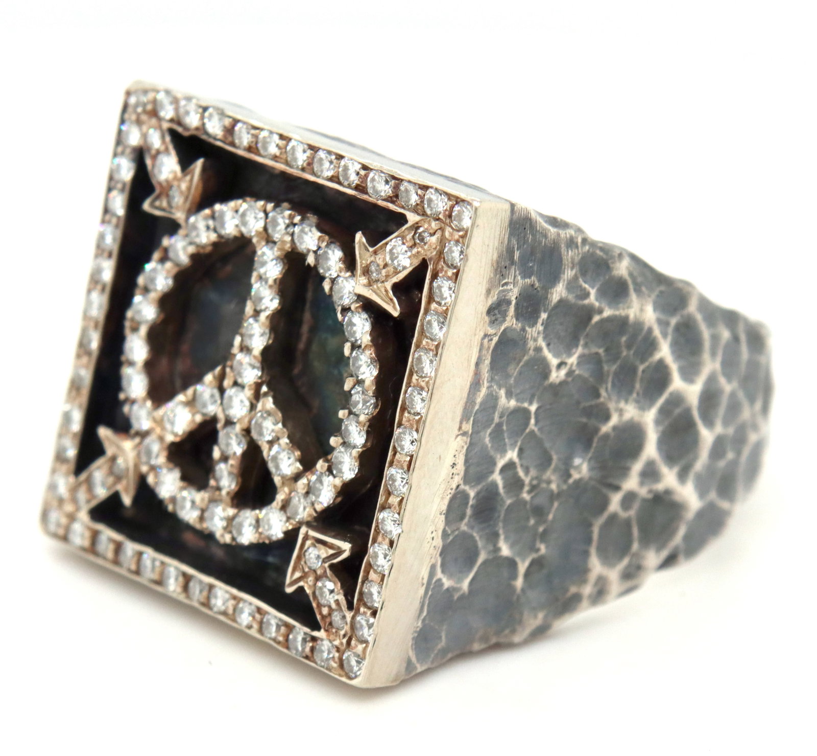 925 Sterling silver Hammered diamond peace ring - 3