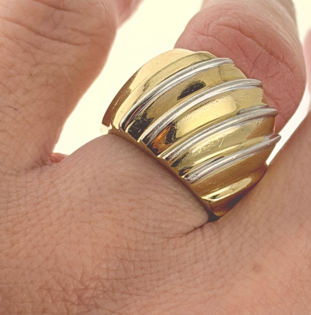 Italian 18KT Yellow Gold Wide Ribbed Ring: Italian 18KT Yellow Gold Wide Ribbed Cigar Band in a unique dome style design with white tone edge. 13.2 grams