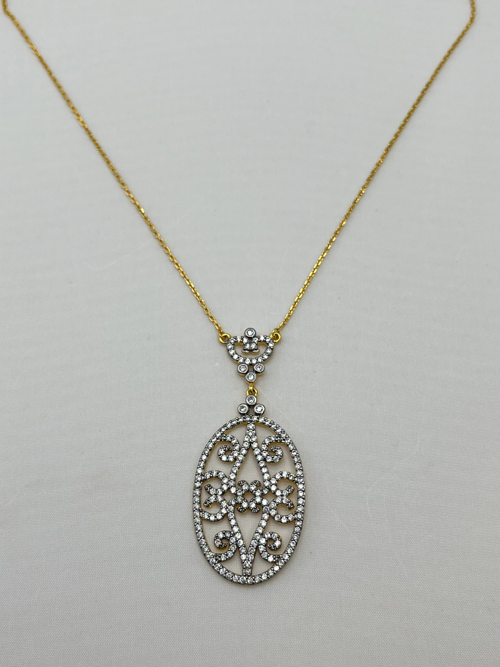 925 Gold Tone Sterling Silver Filigree Crystal Pendant With Chain Necklace: 925 gold tone sterling silver crystal pave filigree drop pendant with chain. 18 inches, 7.1 grams