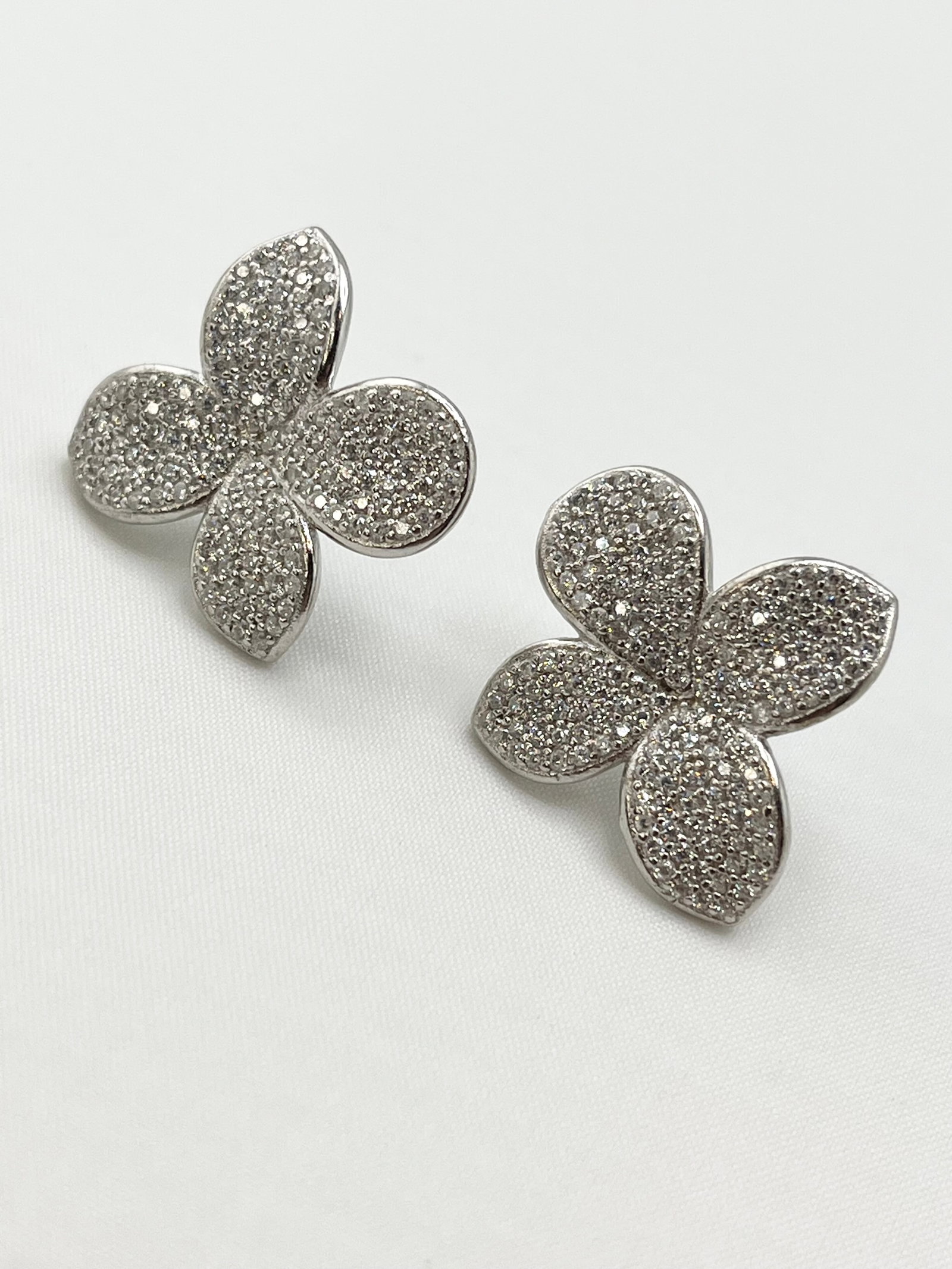 925 Sterling Silver Crystal Pave Four Petal Floral Motif Earrings (1 of 7)