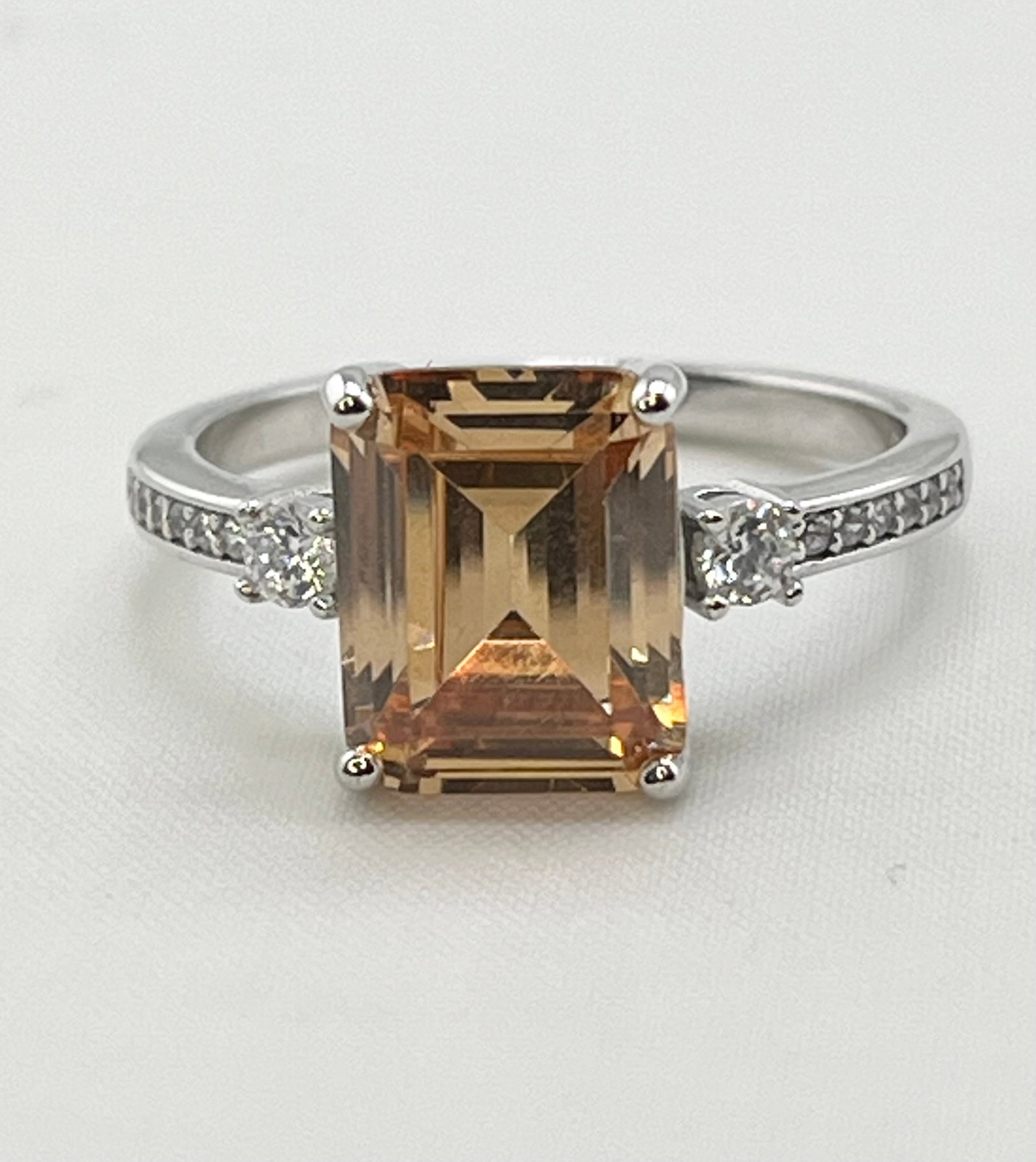925 Sterling Silver Emerald Cut Peach Morganite With Crystal pave Accent Ring (1 of 6)