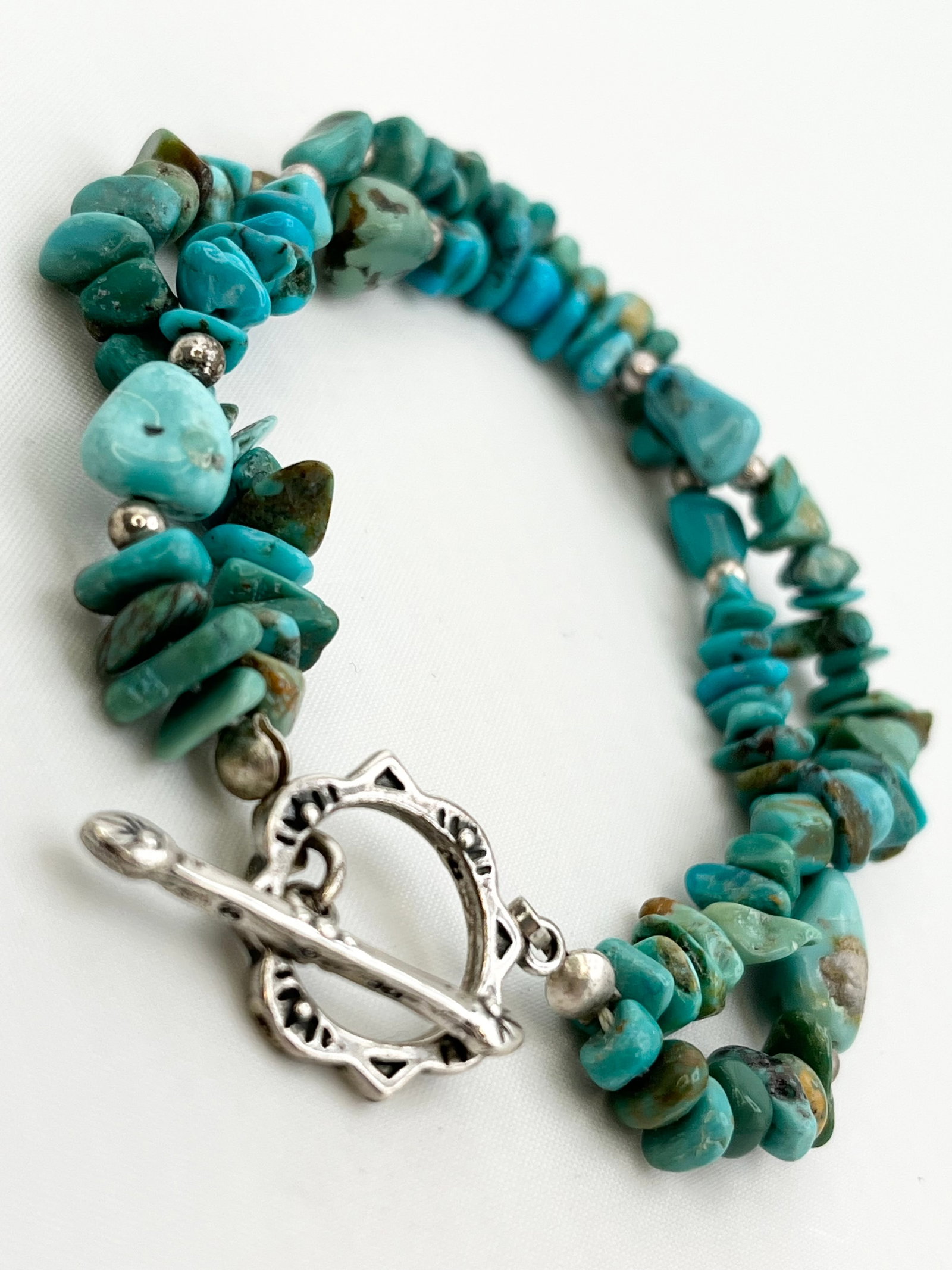 Vintage 925 Sterling Silver Double Strand Turquoise Chip Bracelet (1 of 6)