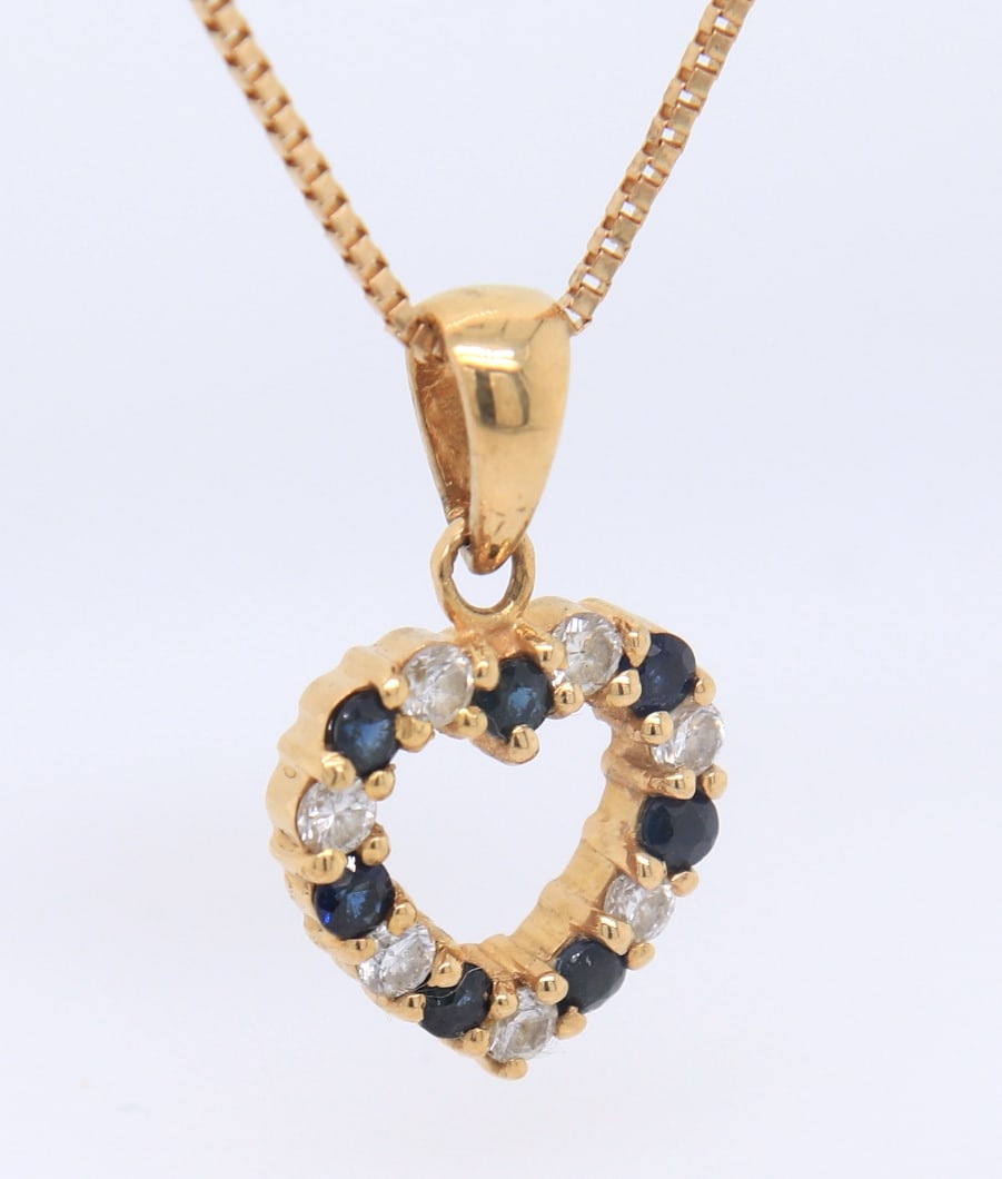 Charming 14KT Yellow Gold Sapphire and Diamond Heart Shaped Pendant on Chain (1 of 6)