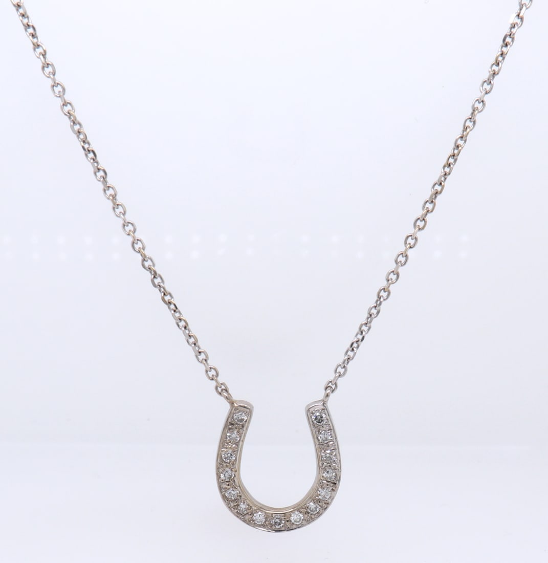 Amazing White Gold Diamond Horseshoe Necklace: Amazing 14kt White Gold 16" Diamond Horseshoe Necklace. Total weight of Necklace 4.20 Grams.
