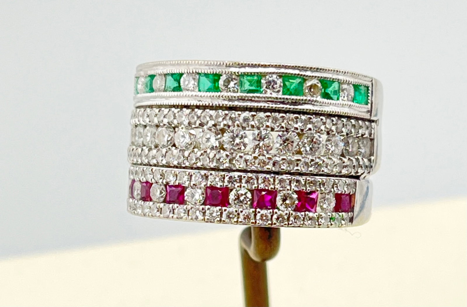 14KT White Gold Attached Eternity Band Set In Ruby, Emerald And Diamond Ring (1 of 7)