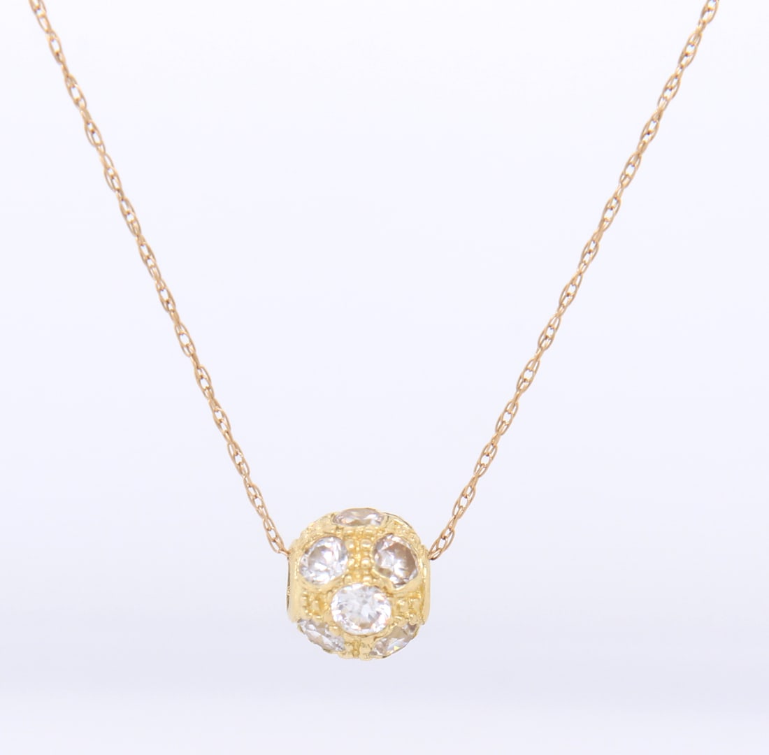 10K Yellow Gold Crystal Pave Ball Necklace: 10K Yellow Gold Crystal pave Ball Necklace.1.2 grams. Size: 18.
