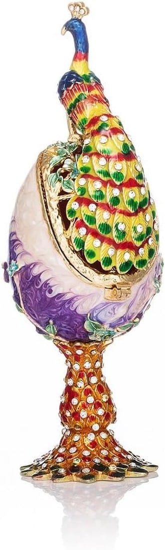 Hand-Painted Peacock Style Faberg? Egg Enamel Trinket Box: Add a touch of old-world elegance to your d?cor or jewelry collection with this Hand-Painted Peacock Style Faberg? Egg Decorative Trinket Box. Inspired by classic vintage Faberg? designs, this beautif