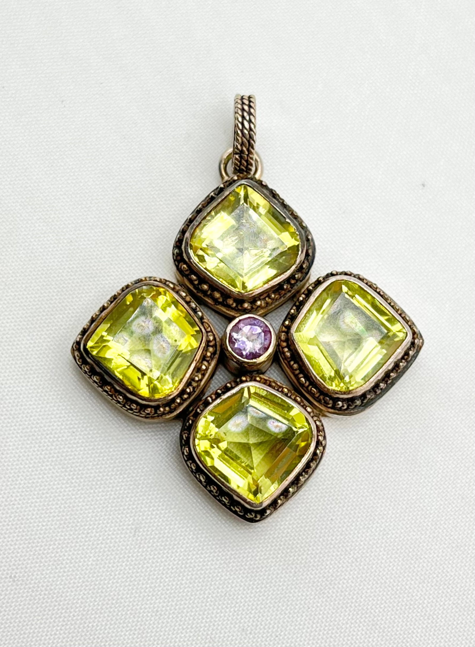 Vintage 925 Sterling Silver Lori Bonn Four Cushion Cut Lemon Citrine Pendant (1 of 5)