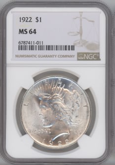 1922 Peace Silver Dollar NGC MS64 Near Gem BU | Brilliant Luster: Offered here is a 1922 Peace Silver Dollar, professionally graded NGC MS64 (Near Gem Brilliant Uncirculated). This coin displays strong luster, clean surfaces, and sharp details typical of high-end MS