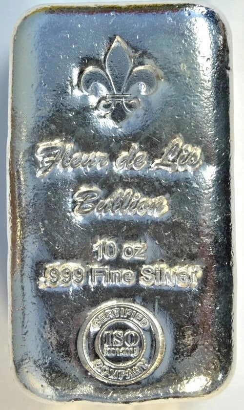 10 Troy Oz .999 Fine Silver Poured Bar ? Fleur de Lis Design ? Pure Silver: Beautiful 10 Troy Ounce poured silver bar, struck in .999 fine pure silver and featuring an elegant Fleur de Lis design. This bar has the classic poured look collectors and stackers love, with natural