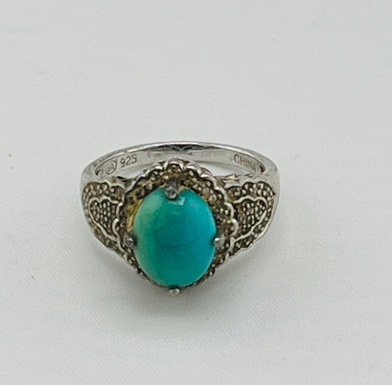 925 Ster;ling Silver Vintage Turquoise With Decorative Metalwork Ring (1 of 5)