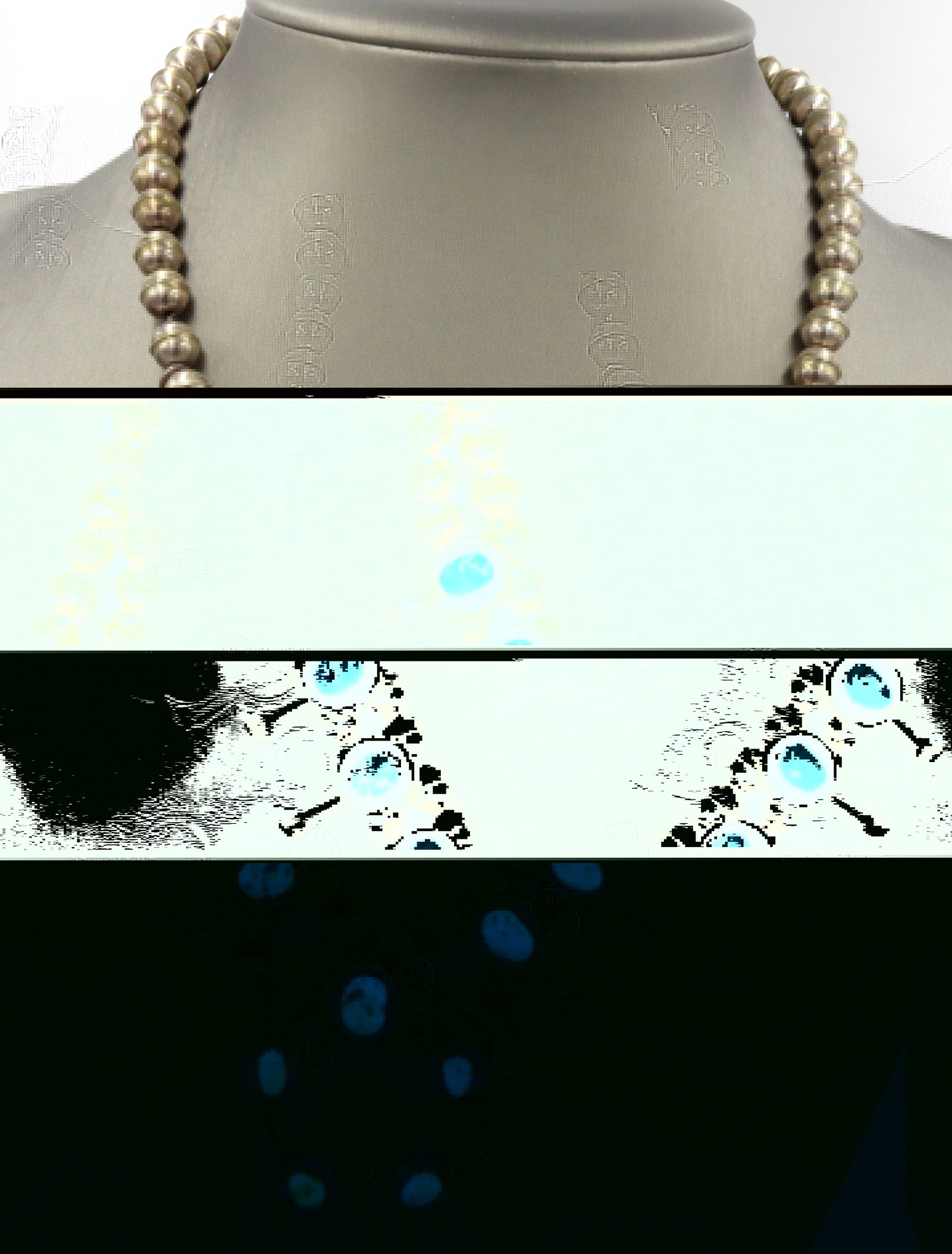 Navajo Kingman PG turquoise sterling silver necklace: Navajo Kingman signed PG turquoise sterling silver adjustable 20-27-inches necklace. The total weight of the necklace is 53.9 grams.