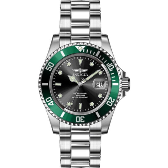 Invicta Pro Diver Men's Quartz Watch ? Black Dial, Green Rotating Bezel, Stainless Steel Bracelet: A bold and reliable diver-inspired timepiece designed for everyday wear. This men's watch features a durable stainless steel case paired with a matching silver-tone bracelet, creating a classic and ve
