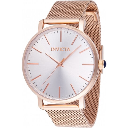 Invicta Angel Women's Rose Gold-Tone Mesh Bracelet Watch ? Silver Dial: Elegant and refined, this Invicta Angel women's watch blends classic styling with modern simplicity. The polished rose gold-tone stainless steel case is paired with a sleek rose gold-tone mesh bracele