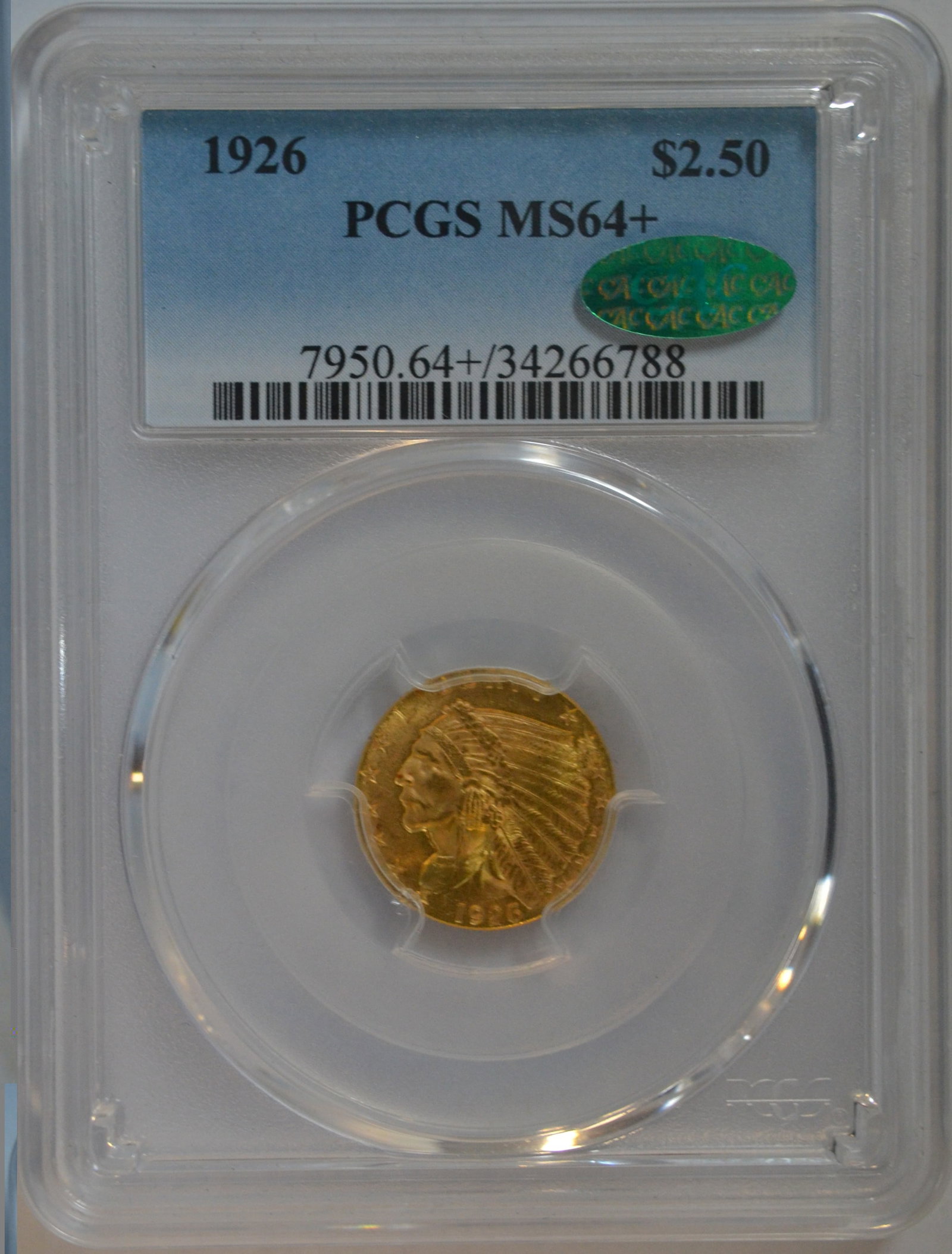 1926 $2.50 Indian Head Quarter Eagle Gold Coin ? PCGS MS64+ CAC: 1926 $2.50 Indian Head Quarter Eagle, graded PCGS MS64+ and further endorsed with the coveted CAC sticker, confirming premium quality for the grade. Coins at this level sit comfortably in the ?collect