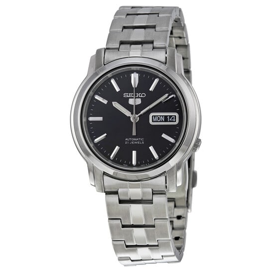 Seiko 5 Automatic Men's Watch Black Dial Skeleton Back Stainless Steel Bracelet: This Seiko 5 automatic men's watch combines classic styling with everyday functionality. Crafted from stainless steel, it features a sleek black dial with luminous hands and index markers for clear vi