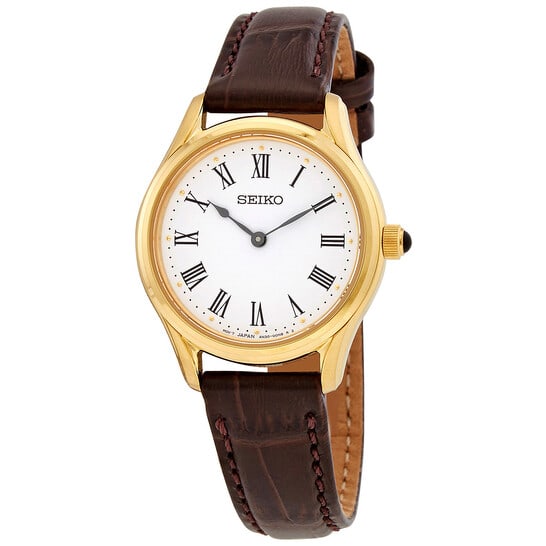 Seiko Women?s Quartz Dress Watch White Dial Gold-Tone Case Brown Leather Strap: A refined and elegant timepiece designed for everyday sophistication. This women?s watch features a slim gold-tone stainless steel case paired with a rich brown calfskin leather strap for a classic,