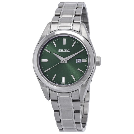 Seiko Women?s Green Dial Stainless Steel Quartz Watch 30mm Silver-Tone Bracelet: Refined and versatile, this Seiko women?s watch features a sleek stainless steel design paired with a rich green dial for a subtle yet distinctive look. Its compact case size and polished bracelet