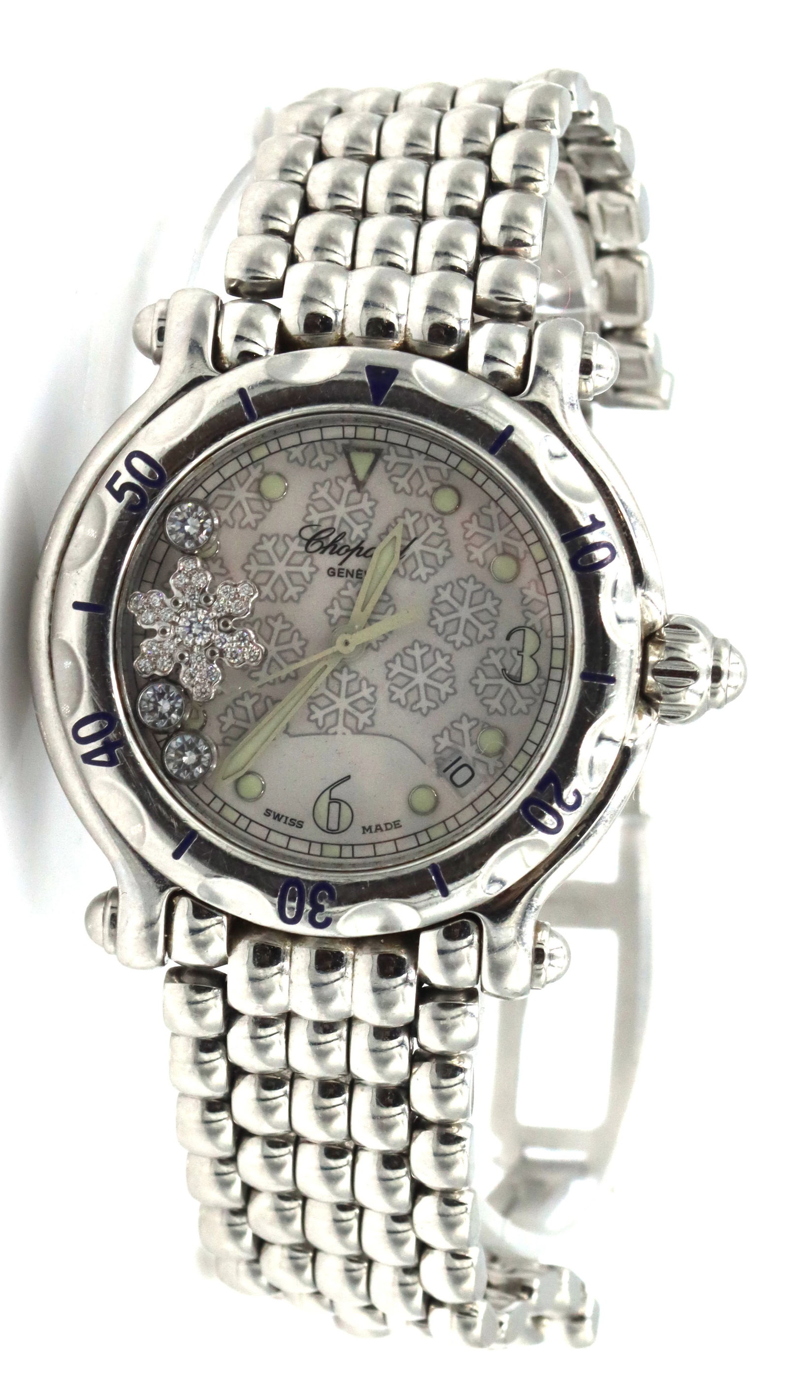 Chopard Happy sport ladies snowflake floating diamonds watch: Chopard Happy sport ladies snowflake floating diamonds stainless steel 6-inch watch. The total weight of the watch is 105.20 grams.