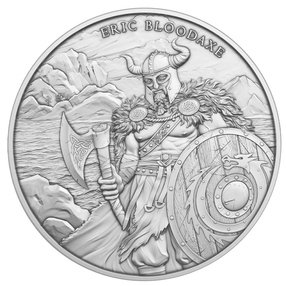 Eric Bloodaxe Design 1 Troy oz .999 Fine Silver Round Bar Viking Norse Warrior Collectible: Eric Bloodaxe design 1 Troy oz .999 fine silver round bar featuring the iconic , inspired by the legendary Norse Viking king known for his fierce rule and warrior legacy. Whether you?re adding to your