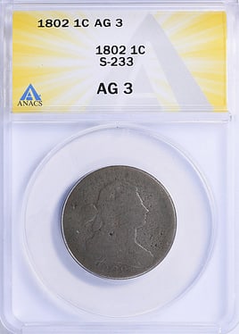 1802 Draped Bust Large Cent S-233 ANACS AG-03 BN Early U.S. Copper Sheldon Variety (1 of 2)