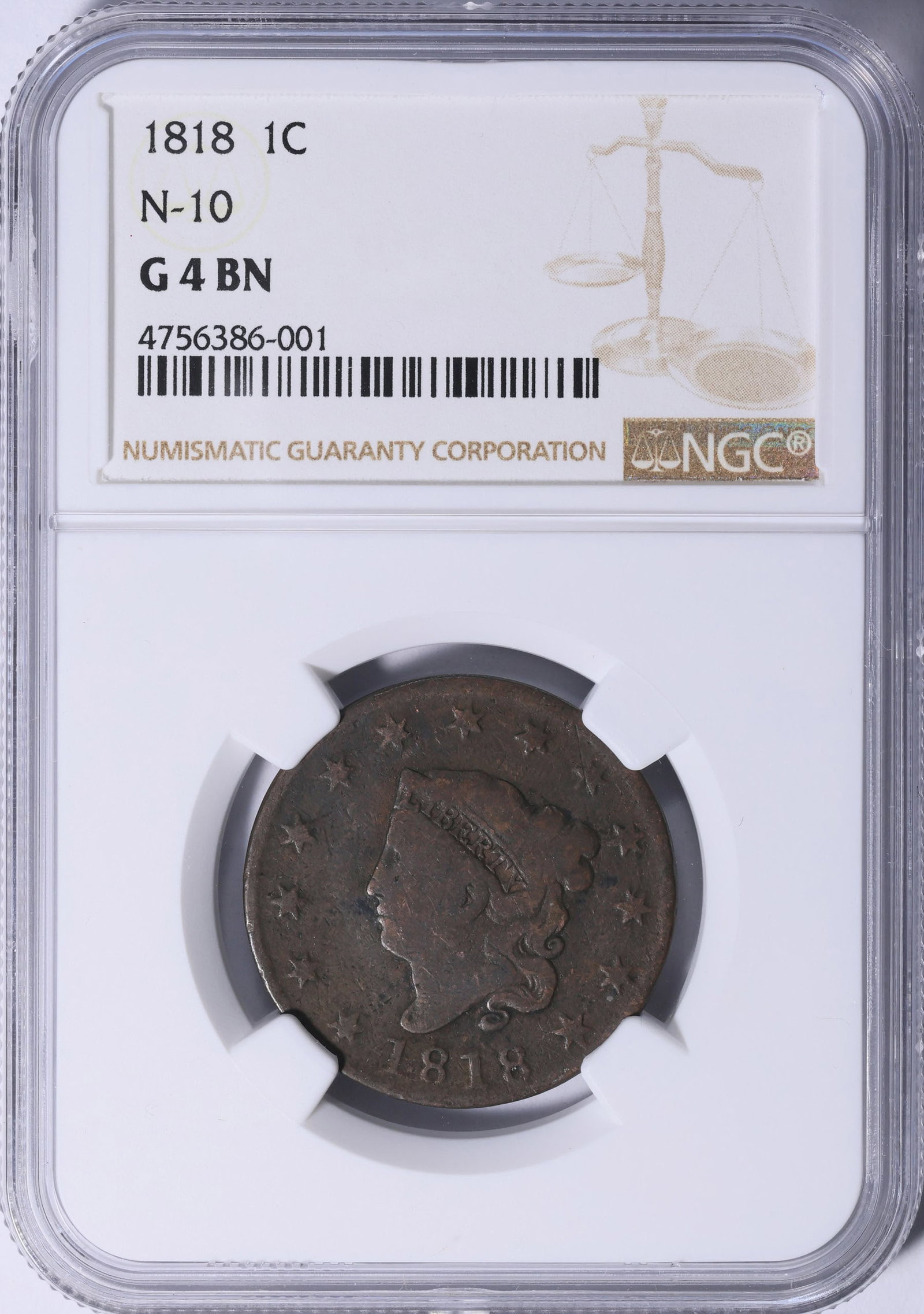 1818 Matron Head Large Cent N-10 NGC G-4 BN Early U.S. Copper Classic: 1818 Matron Head Large Cent, attributed as Newcomb-10 (N-10), certified by Numismatic Guaranty Company (NGC) in Good-4 (G-4) Brown (BN) condition. Matron Head cents from this era are increasingly popu