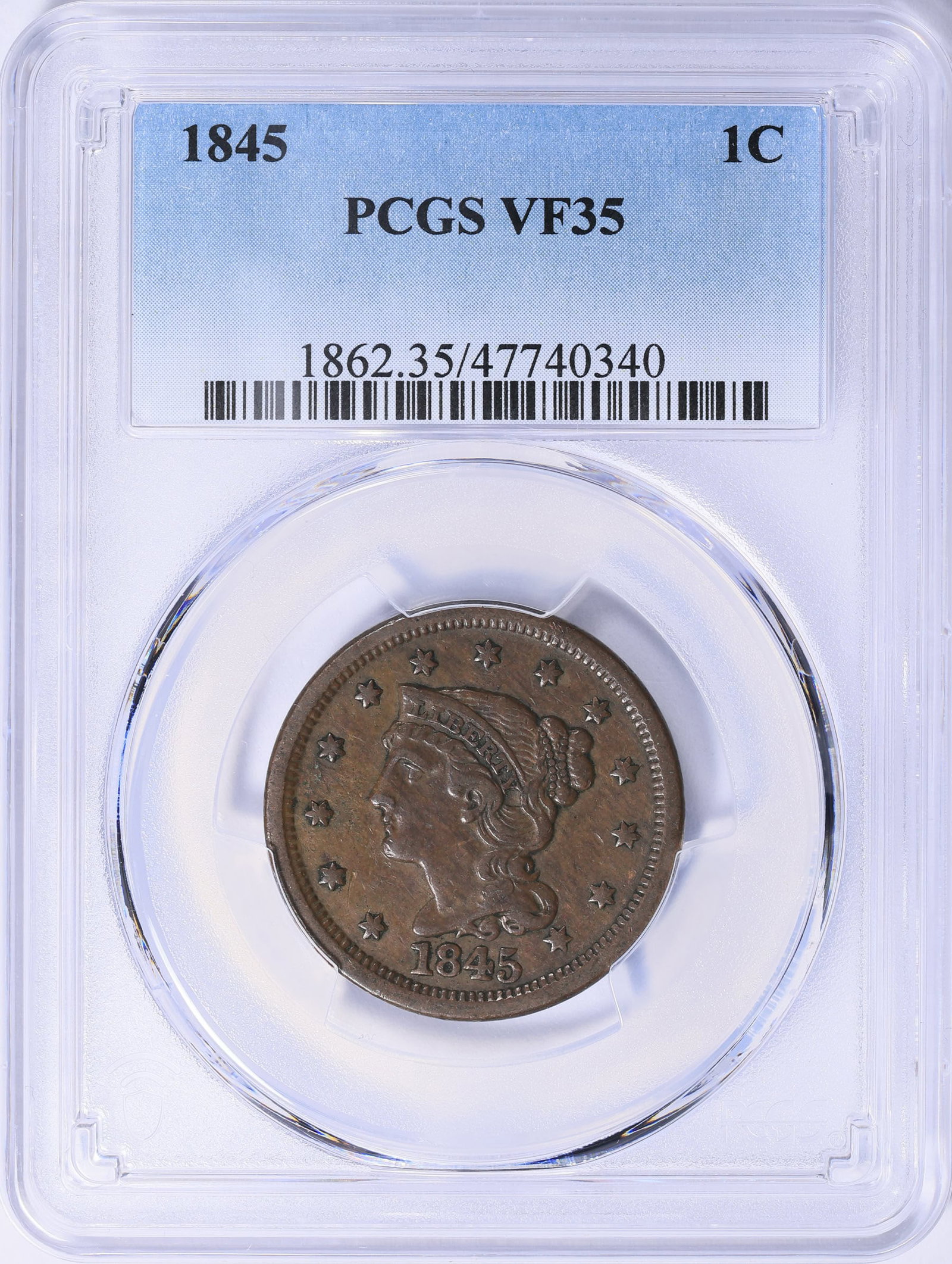 1845 Braided Hair Large Cent PCGS VF-35 BN? Choice Mid-Grade Example with Original Color: 1845 Braided Hair Large Cent, certified VF-35 Brown (BN) by Professional Coin Grading Service. A great addition to any early copper collection, type set, or for collectors seeking a wholesome, problem