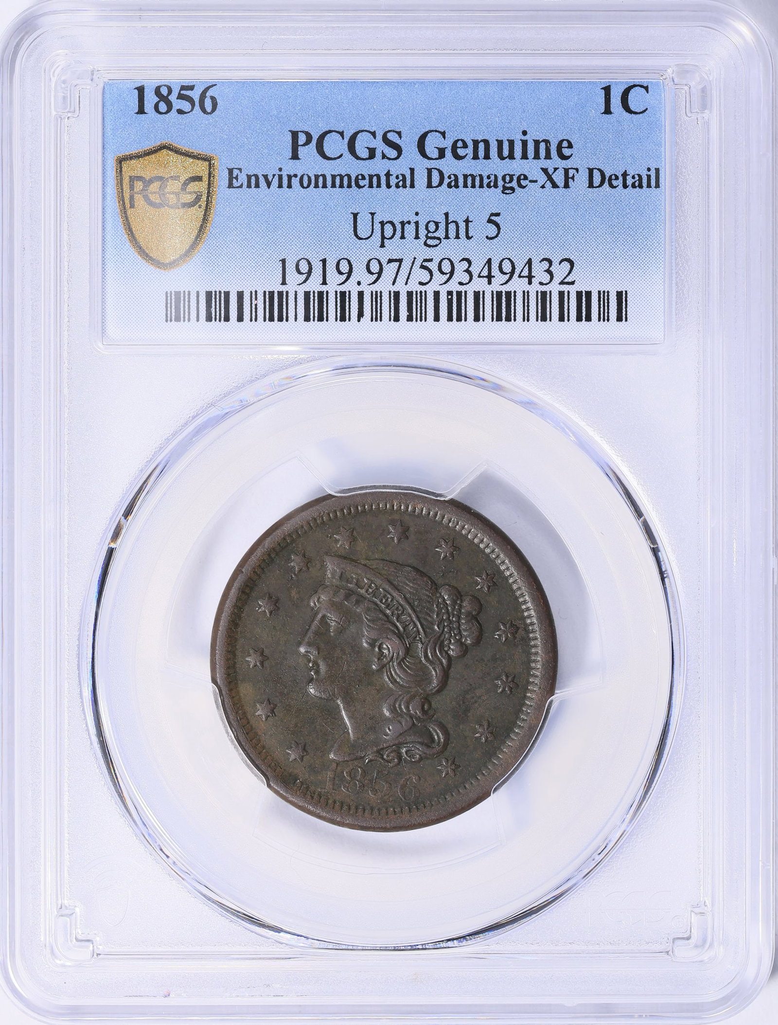 1856 Braided Hair Large Cent ?Upright 5? PCGS Genuine XF Details Scarce Pre-Flying Eagle Issue: 1856 Braided Hair Large Cent featuring the desirable Upright 5 variety, certified by PCGS as Genuine with Extremely Fine (XF) Details. Despite its ?Details? designation, the coin retains strong XF-lev