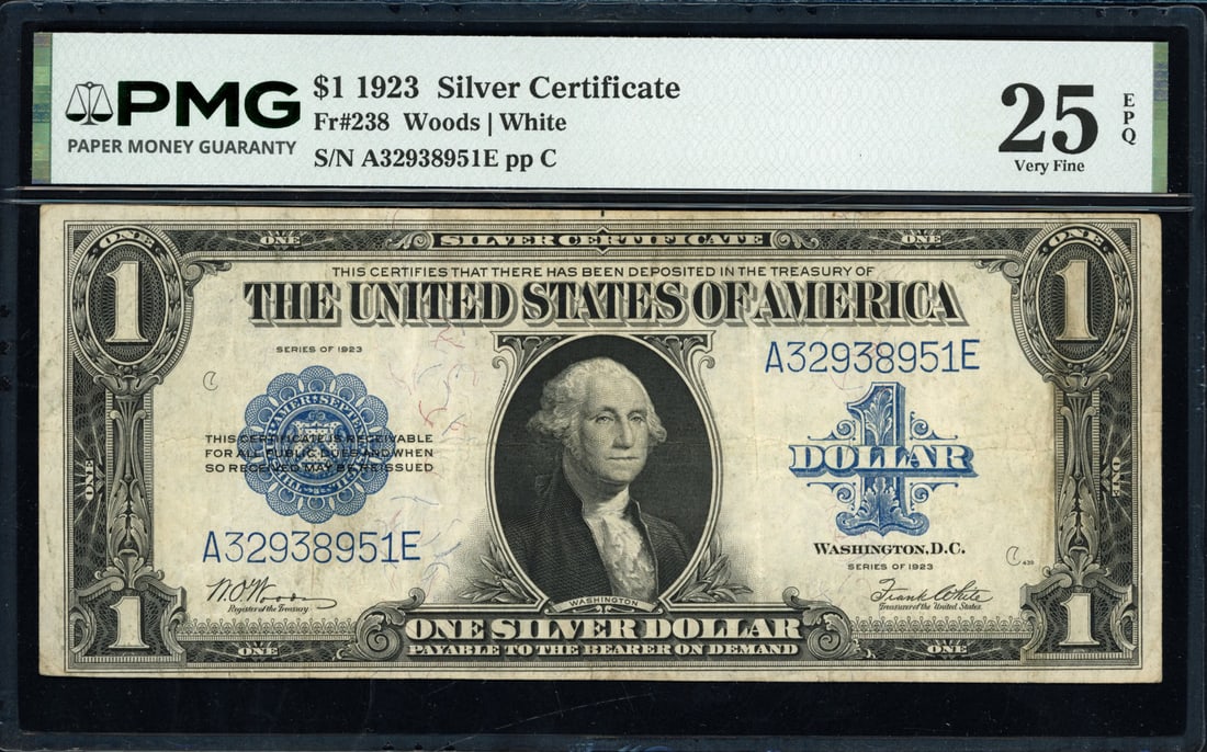 1923 $1 Silver Certificate ?Horse Blanket? Fr. 238 Woods/White PMG 25 EPQ Very Fine: 1923 $1 Silver Certificate, commonly referred to by collectors as the ?Horse Blanket? due to its large size and iconic design. This example is cataloged as Fr. 238 and features the Woods/White signatu