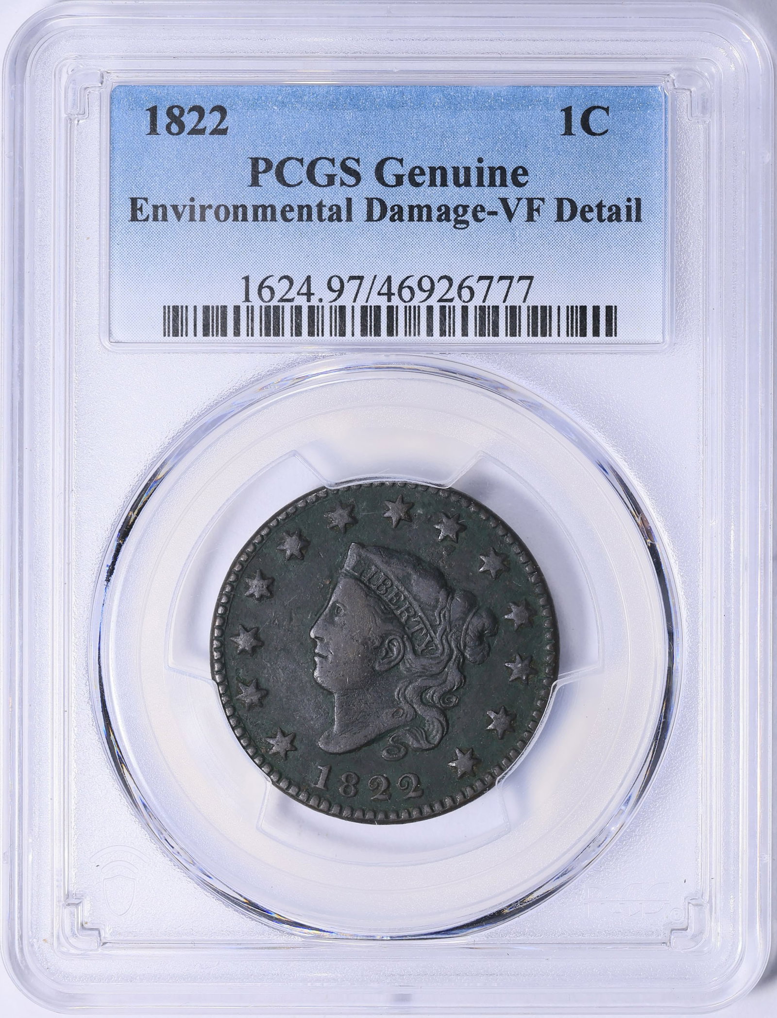 1822 Matron Head Large Cent PCGS Genuine VF Details Early U.S. Copper Coin: 1822 Matron Head Large Cent, a classic early American copper coin struck by the U.S. Mint. This coin displays moderate detail consistent with a Very Fine appearance, though it has been assigned a ?Det