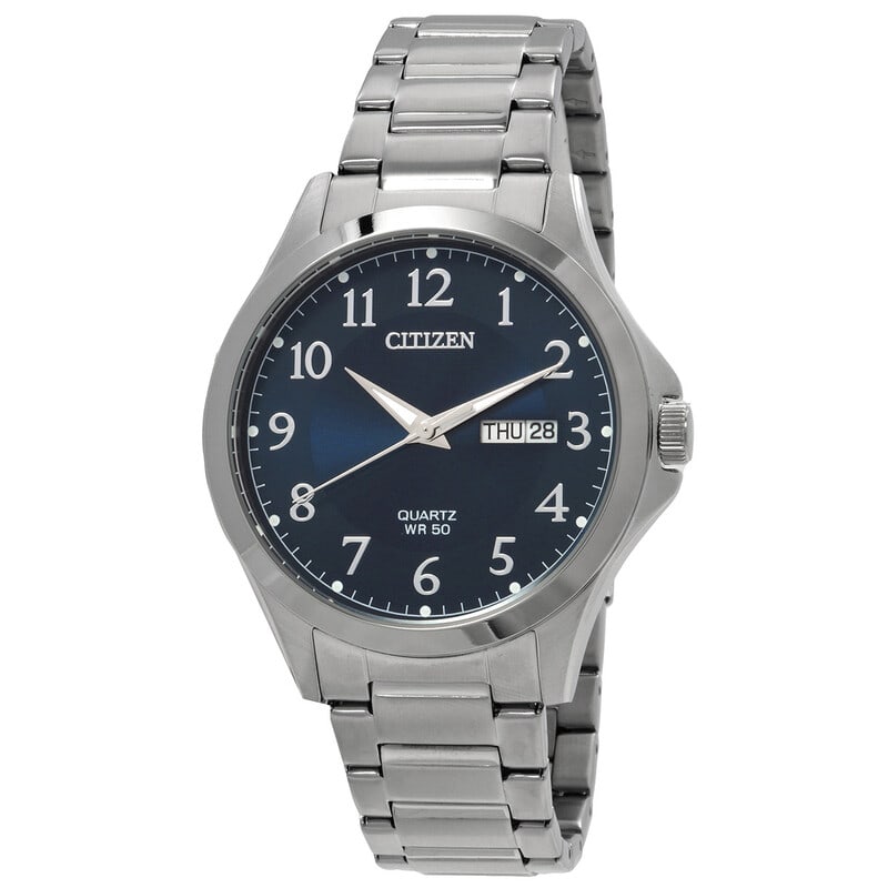Citizen Quartz Blue Dial Stainless Steel Men's Watch: A sharp, dependable timepiece that balances everyday practicality with a clean, modern look. This Citizen watch features a bold blue dial paired with a polished stainless steel case and bracelet, maki