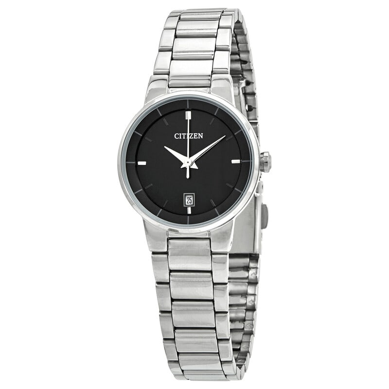Citizen Quartz Black Dial Stainless Steel Ladies Watch: Refined and effortlessly elegant, this Citizen ladies watch blends timeless design with reliable everyday performance. The sleek black dial is accented by silver-tone hands and index hour markers, cre