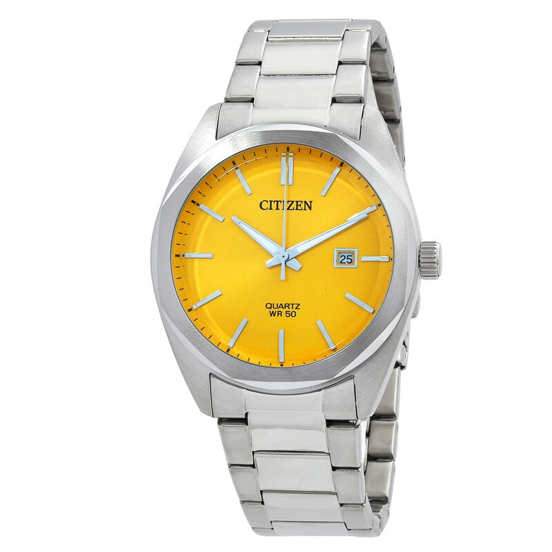 Citizen Quartz Men?s Yellow Dial Stainless Steel Watch: Bright but not obnoxious, this Citizen quartz watch delivers a clean, confident look with just enough personality to stand out. The vivid yellow dial contrasts sharply against the polished silver-tone